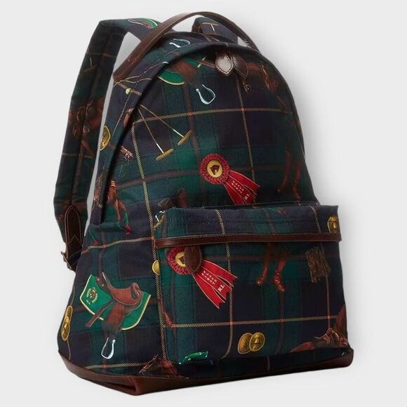 Polo Ralph Lauren Equestrian Backpack Plaid Leather Logo Icons Canvas Backpack - Picture 9 of 10